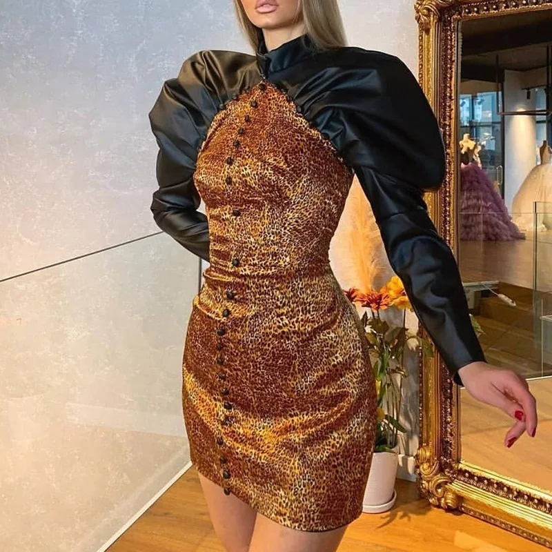 Cocktail Evening Dresses Plus Size Long Sleeve Stand Collar Patchwork Vintage Leopard Elegant Ladies Dinner Dress