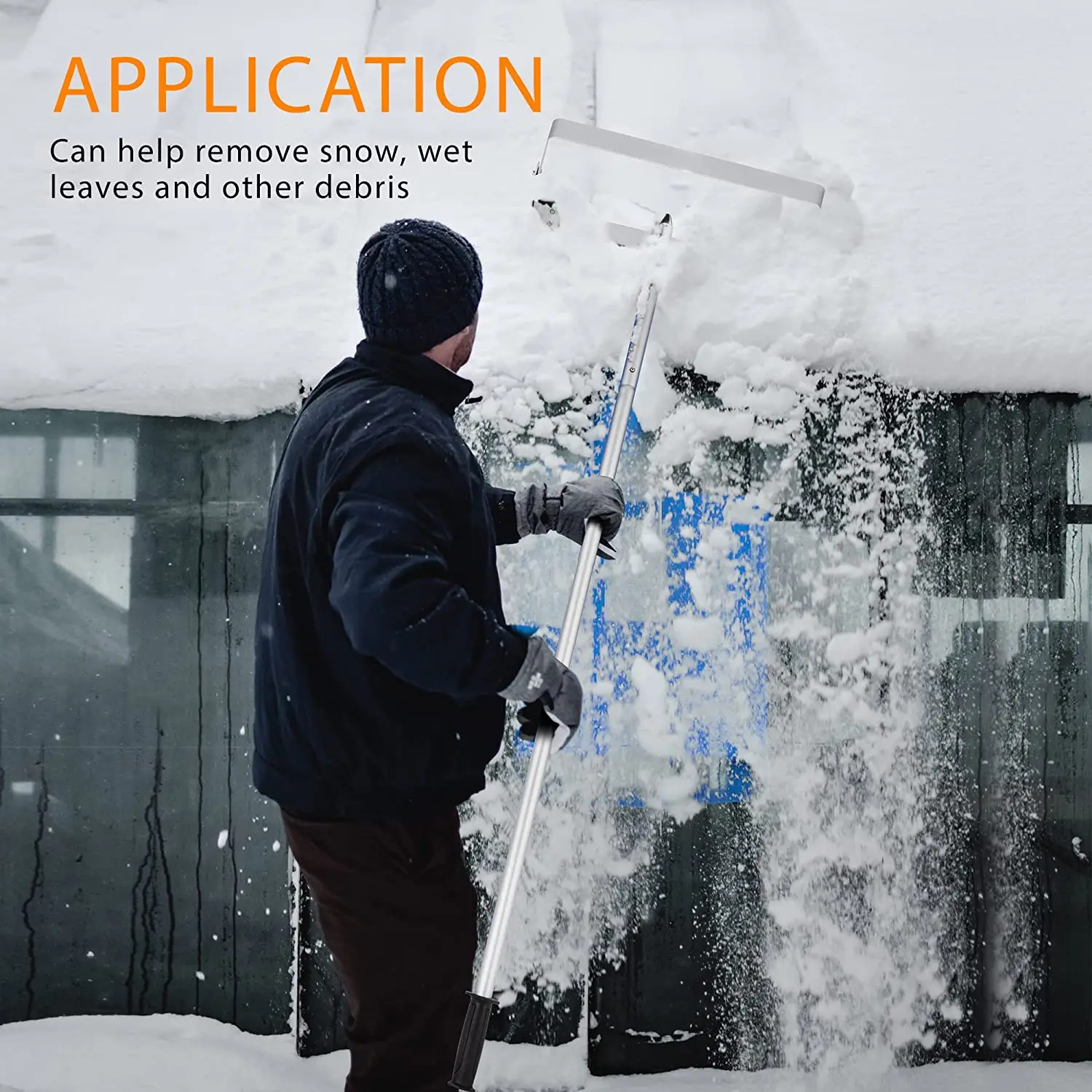 Snow Roof Rake Snow Removal Tool with Wheels and Adjustable Extended Handle