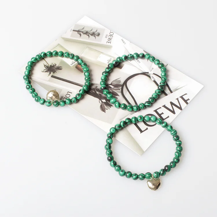 Qingdao V&R Jewelry Smykker Stretchable Elastic Green Marbled Beaded Metal Sea Shell Bracelet Set Acrylic Resin Lucite Bracelets