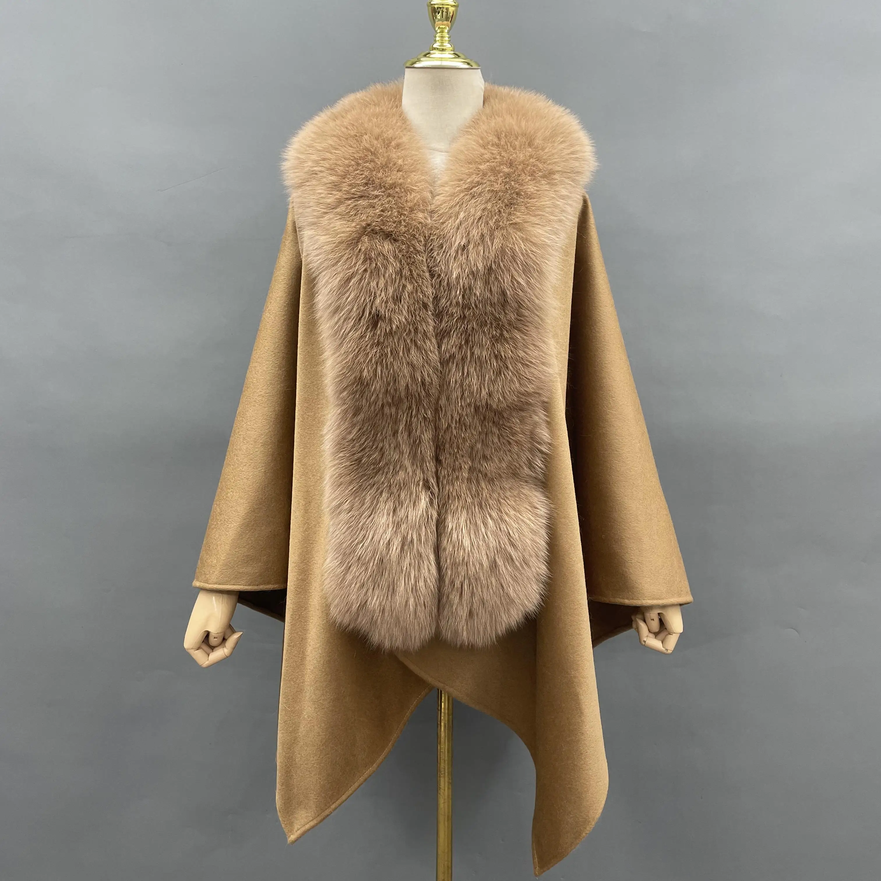 Winter Cashmere Shawls Cape  Women Fur Trim Ponchos Fox Fur Shawl