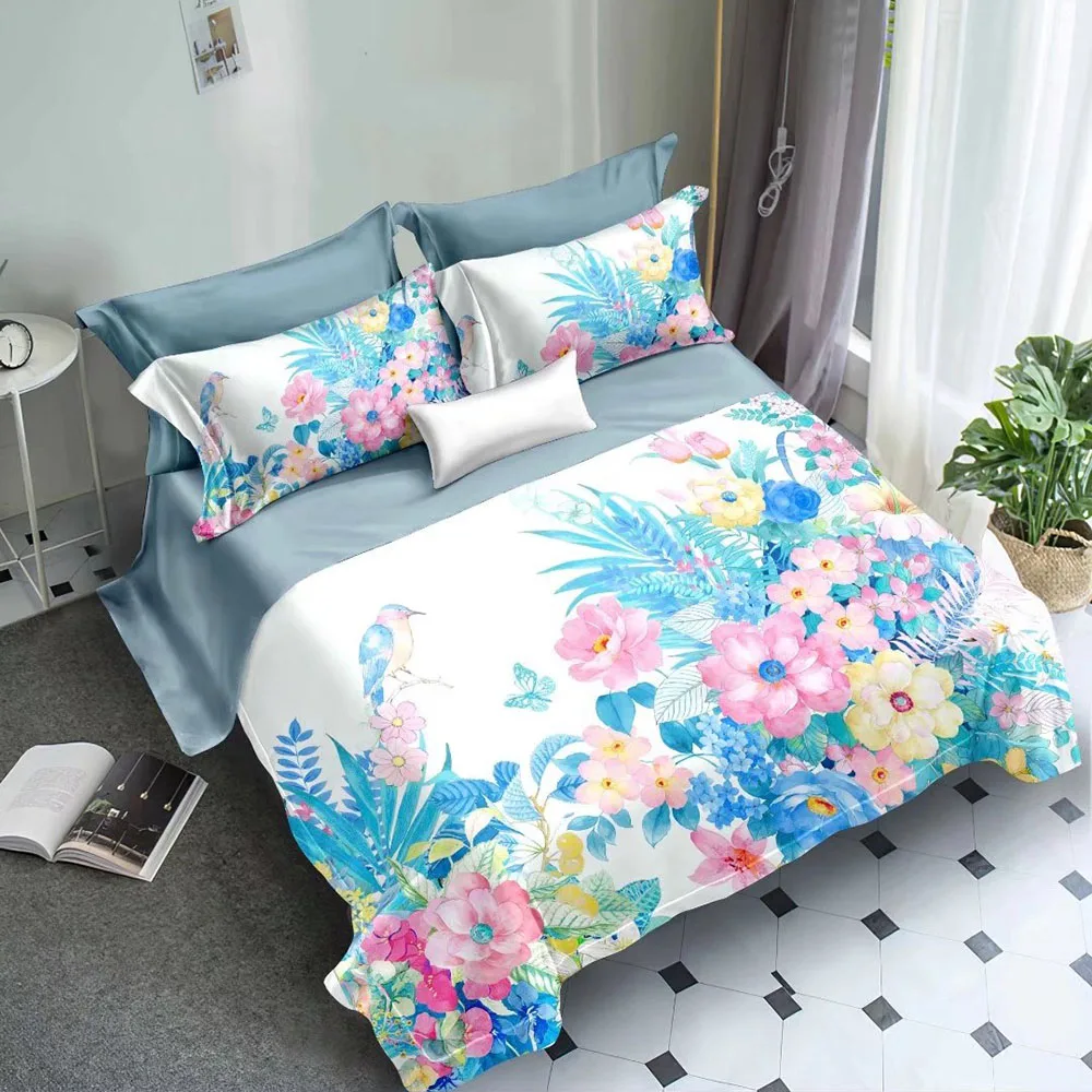 Plant Flower Birds Print Microfiber Duvet Cover Bedding Set Double And Queen Size Bed Sheets Set Floral Printed Double Bed Sheet