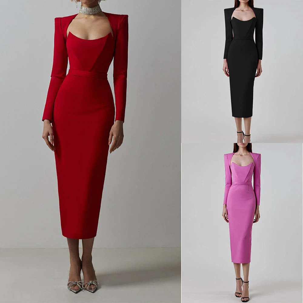 High Quality Ladies Elegant Black Long Sleeve Bandage Bodycon Midi Evening Dress For Women
