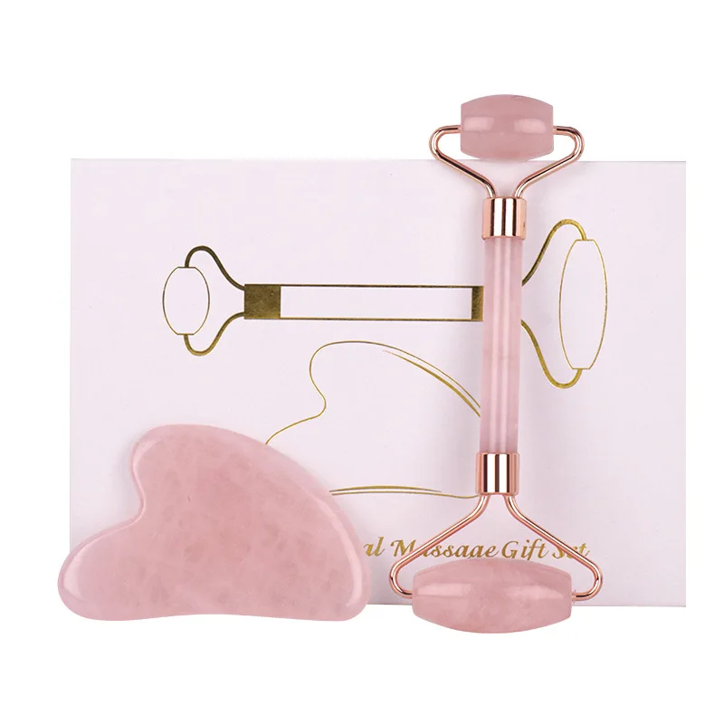 Rose Quartz Jade Roller Gua Sha Set Amethyst Green Pink White Jade Heart Shaped Gua Sha Stone and Face Roller Crystal Guasha Kit