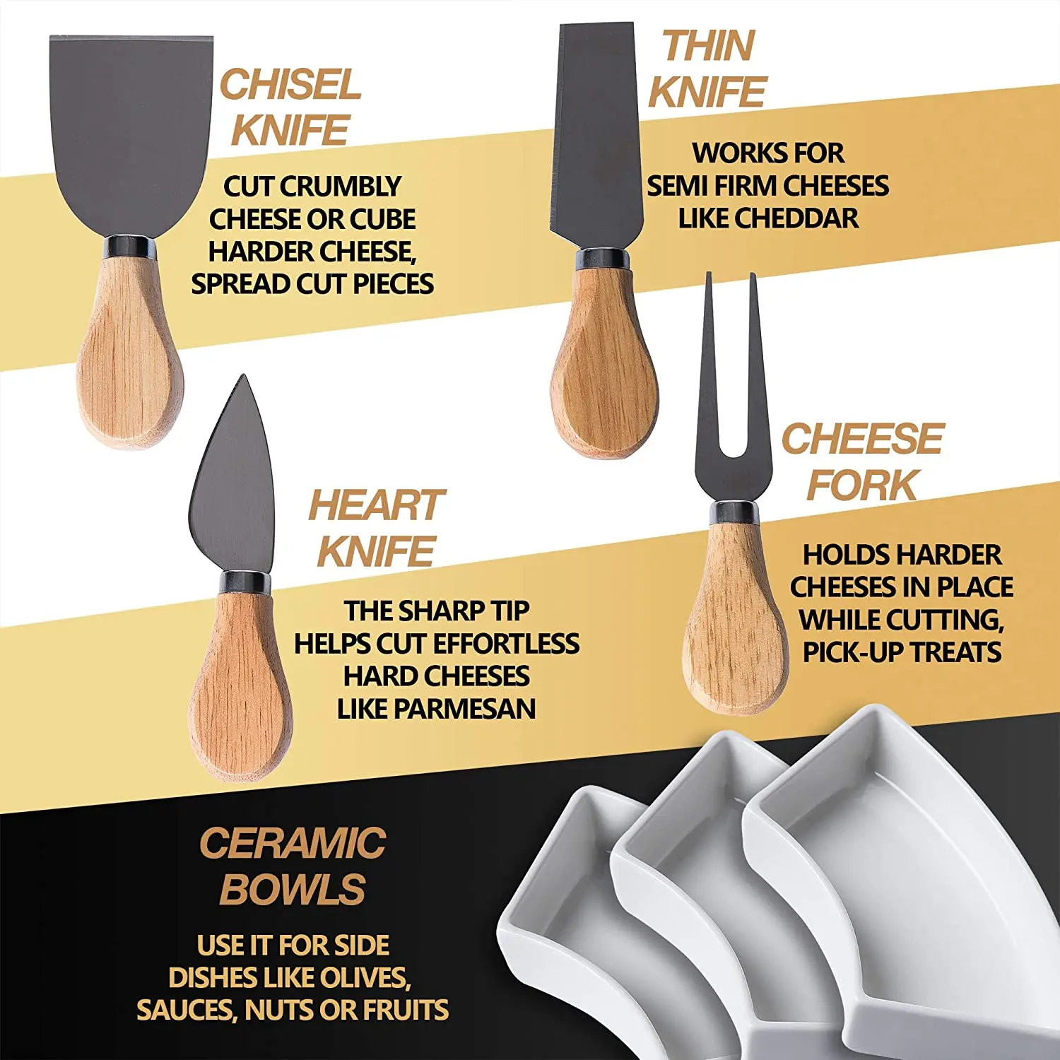 Premium Bamboo Cheese Board and Knife Set Charcuterie Board Set Accessories Meat and Cheese Board, Serving Platter with 3 Bowls