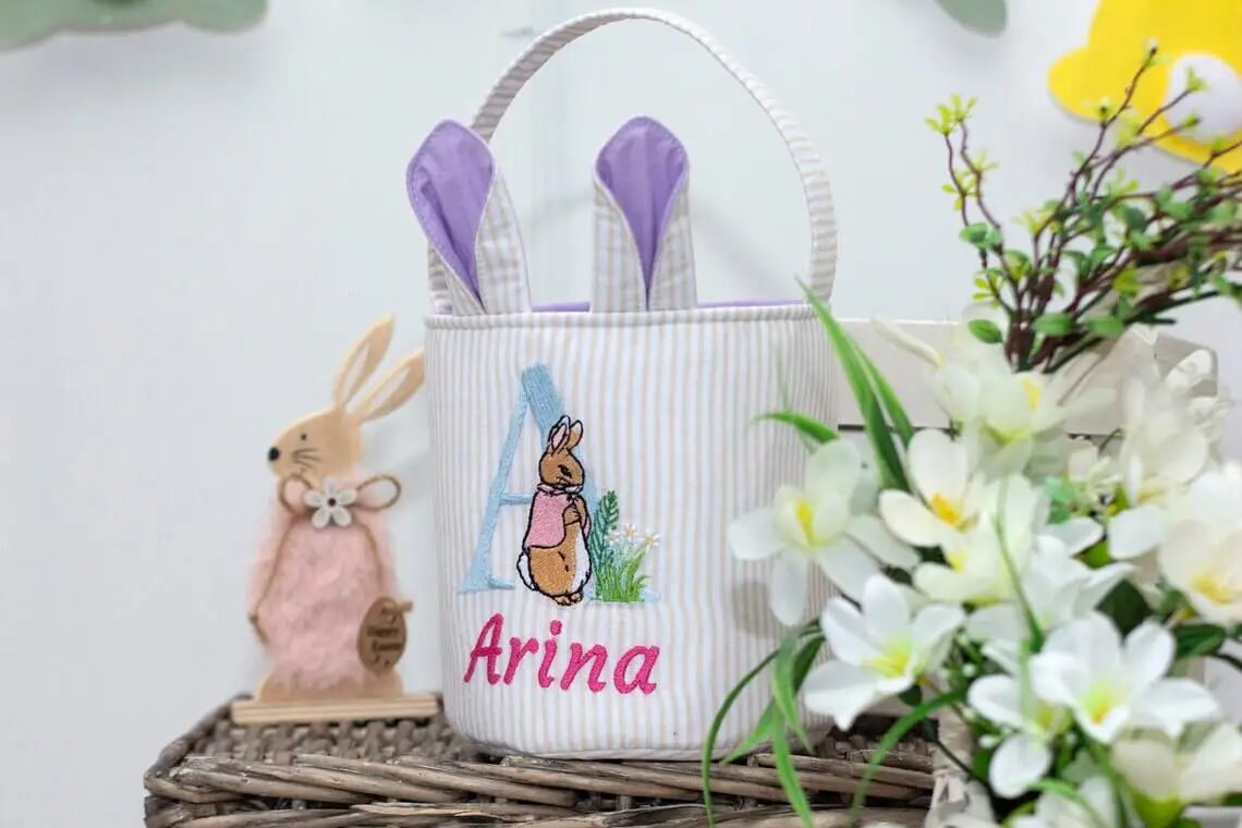 New Arrival Embroidery Easter Egg Hunt Basket Monogram Kids Easter Basket Solid Canvas Strap Easter Bunny Buckets