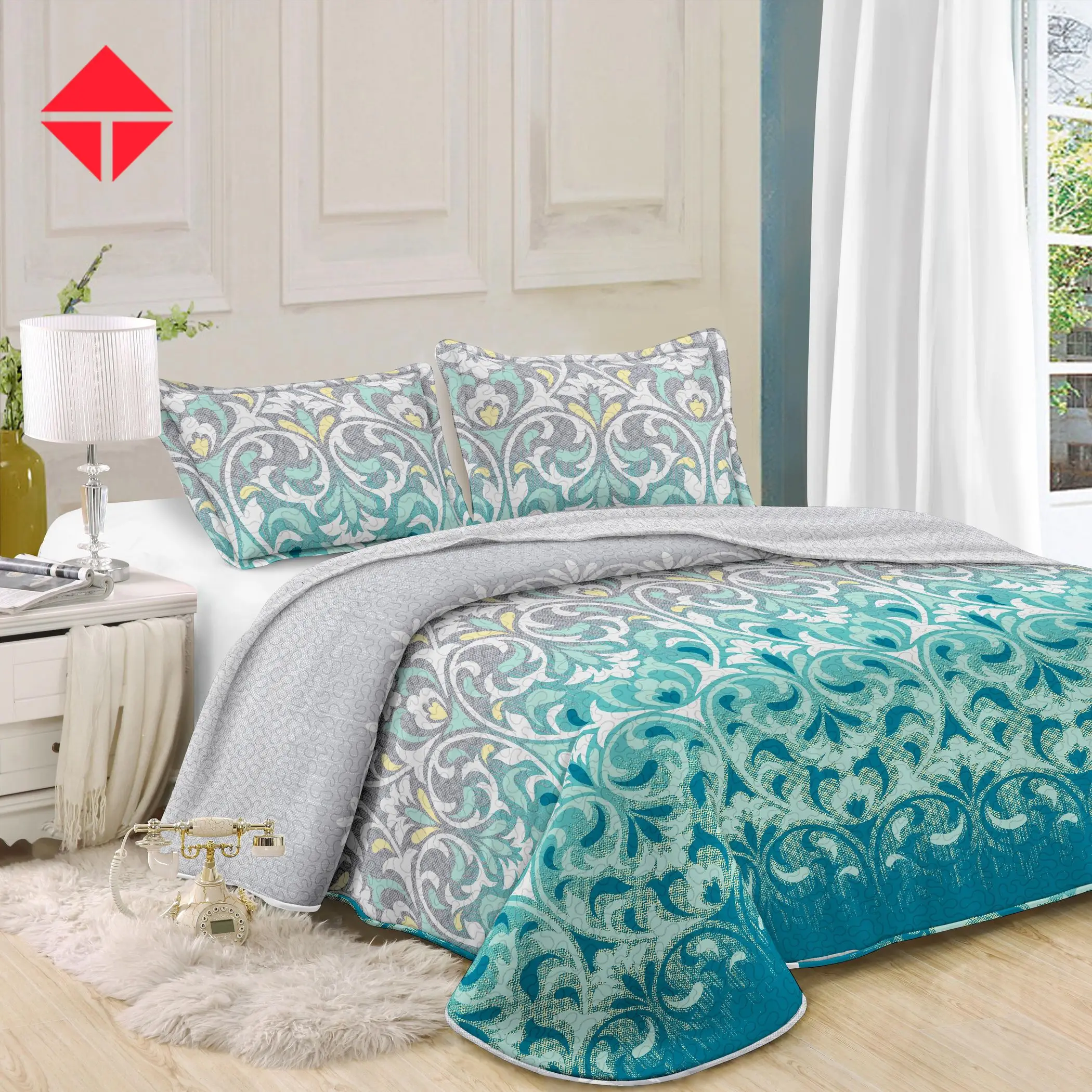 wholesale factory Supply printed Ultrasonic quilt 100% polyester patchwork Embossed Microfiber luxury quilted set bedspread