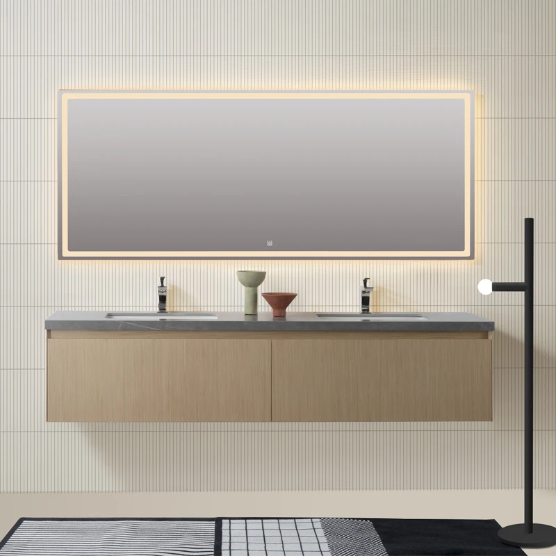 Custom solid wood color long length 71 inch double sink cabinet with big size mirror