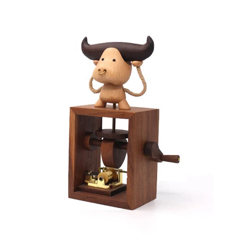 wooden Figurine bull Music Box with sky city from Valentine Day Birthday Gift for Girlfriend / boyfriend
