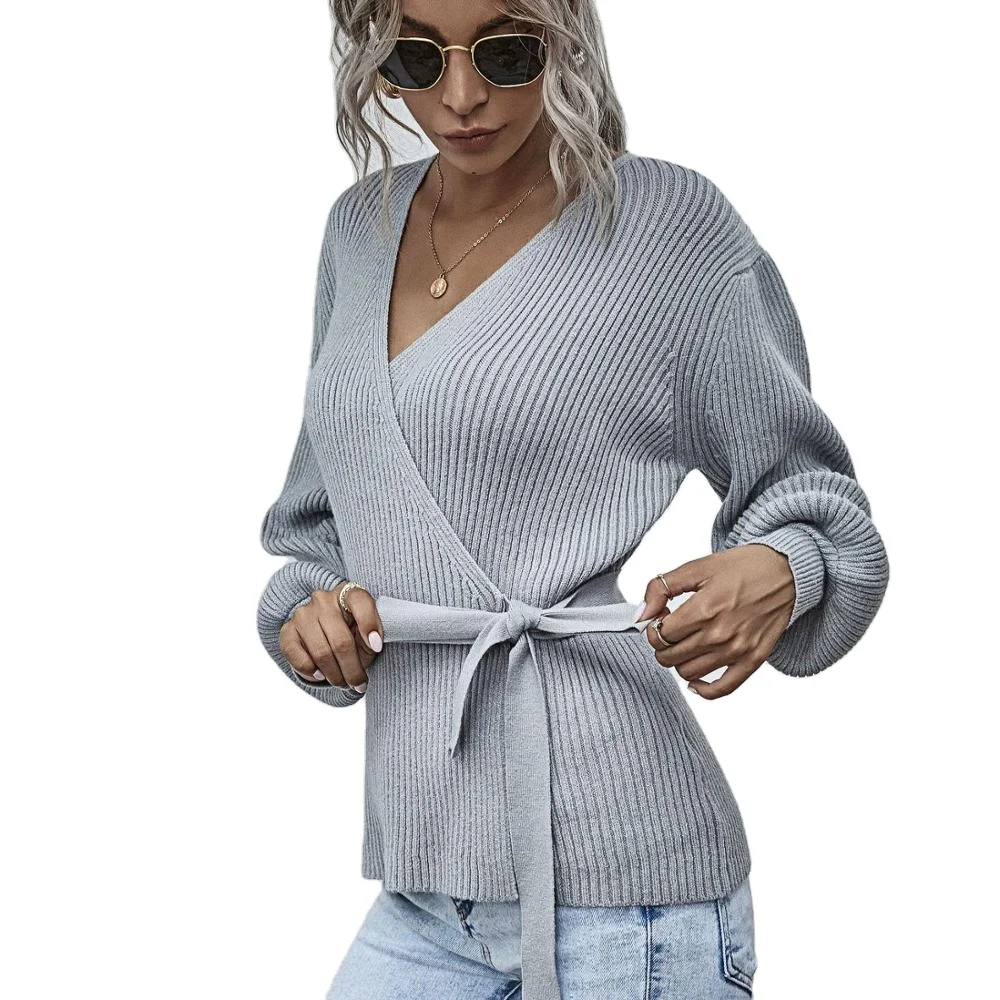 2021 осень и зима новые продукты женский свитер с перекрестной шнуровкой Женский Повседневный вязаный свитер с v-образным вырезом и поясом
