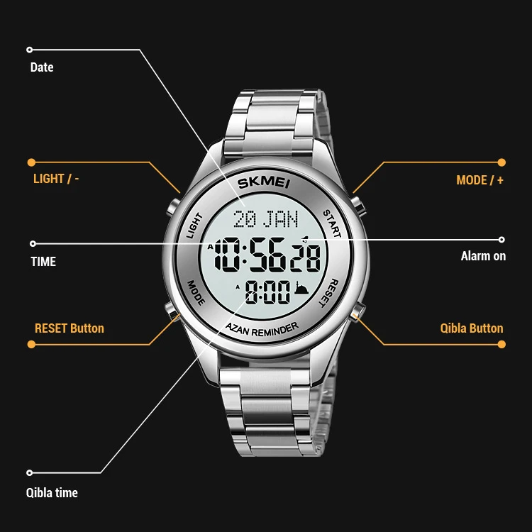 Skmei 1861 Stainless Steel Digital Qibla Azan Muslim Prayer Watch