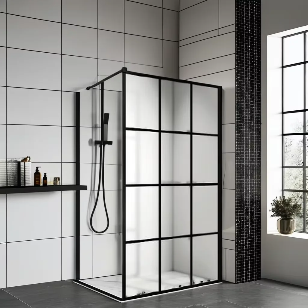 Black Stainless Steel Support Bar Shower Rooms Black Aluminum Alloy Profile Transparent 6mm Tempered Glass Silk Print Picture