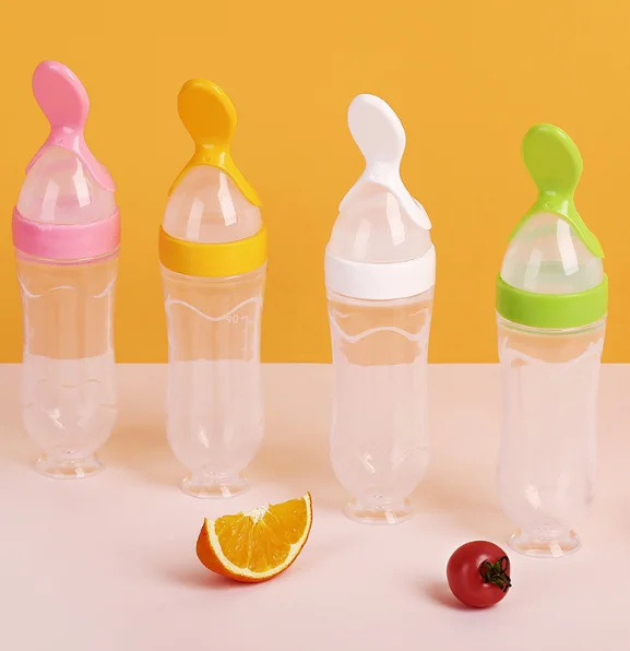 New Bpa Free Full Silicone Baby Fruit Rice Paste Spoon Feeding Bottle Squeeze Food Dispensing Baby Feeding Spoon Bottle