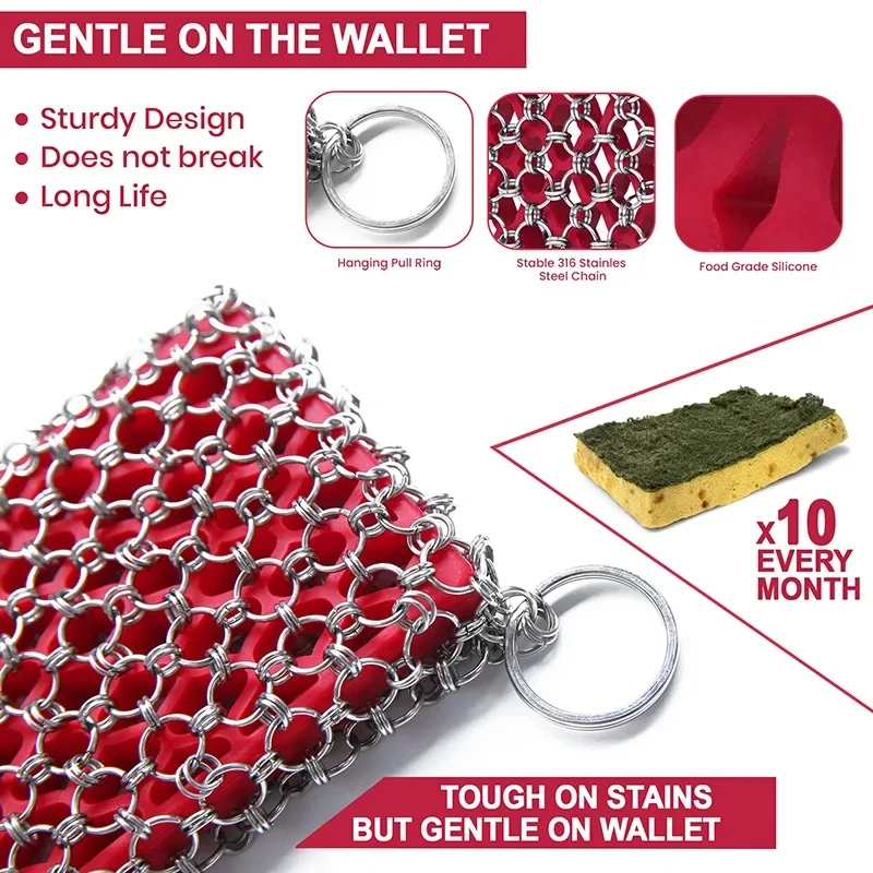 Premium 316L Stainless Steel Chainmail Scrubber with Silicone Insert Cast Iron Cleaner Set for Kitchen Cleaning Sponge Included