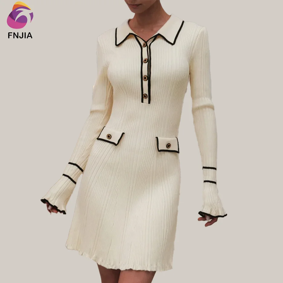 2024 Custom FNJIA Design Slim Elegant Lapel Button Knitted Skirt Winter New Long Sleeve Thin Casual Sweater Dresses For Women