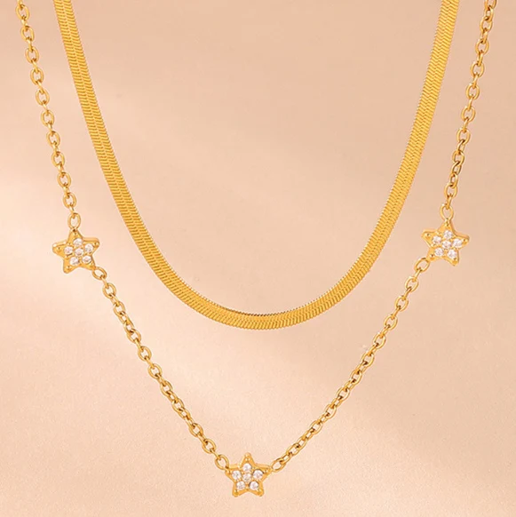 Stars Charm Zirconic Necklace Stackable Snake Chain Double Layer Stainless Steel Necklace Christmas Gift