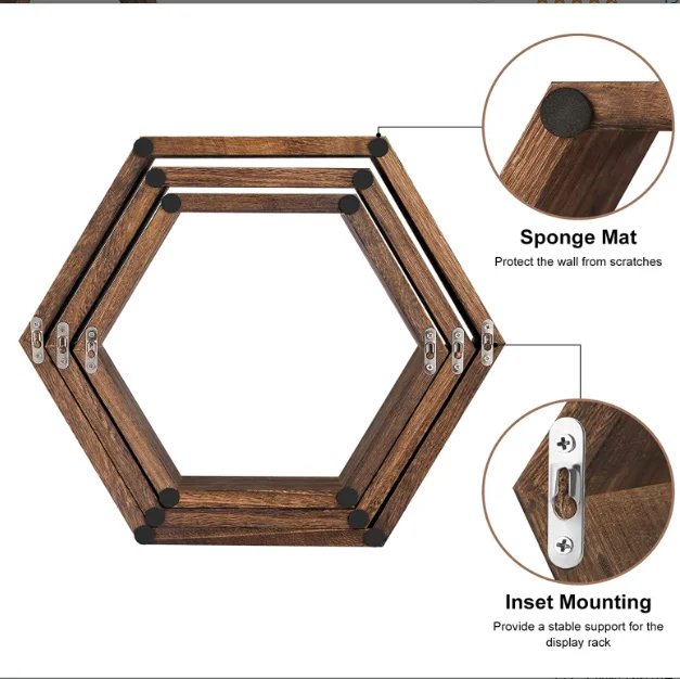 Wooden Hexagonal Floating Shelves Farmhouse Honeycomb Wall Storage Rack Decorative Wall Mounted Rack Kitchen Bathroom Use Home