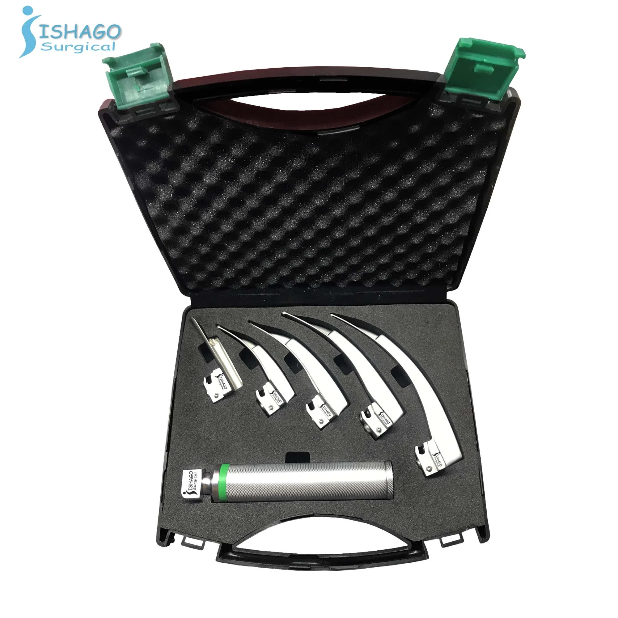 Macintosh Mega Light and  Miller Integrated Fiber Optic Laryngoscope set of 5 Blades by ISHAGO SURGICAL