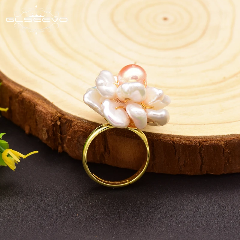 925 Sterling Silver Ring NaturalBaroque Pearl Flower Adjustable Ring For Women Wedding Engagement Jewelry