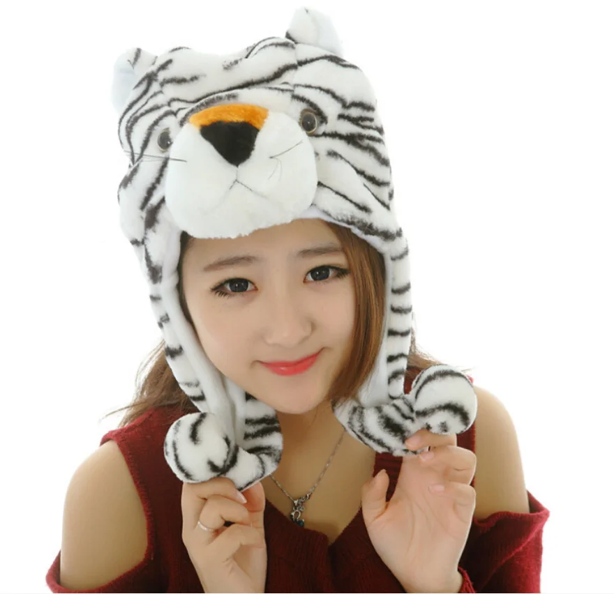 Custom Logo Plush Warm Winter Beanie Cap Kids Adult Cute Fun Animal Tiger Hat White