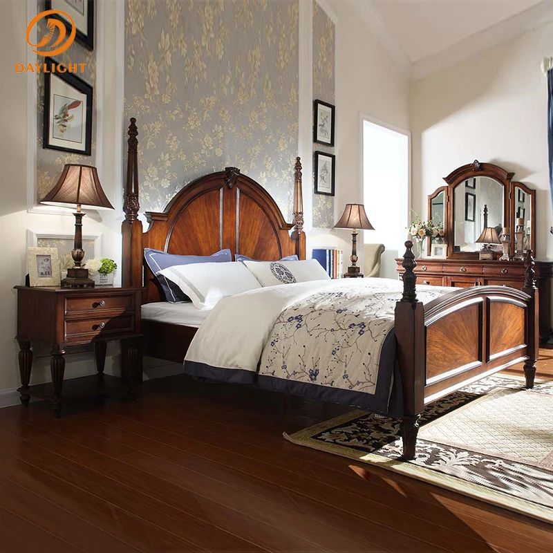 Bedroom Solid Wooden Design Furniture European Luxury Wood Vintage Royal Set Apartment High-end Villa Mahogany Classic Hotel Bed