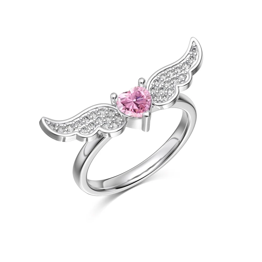 Dylam Vintage Hot Selling S925 Sterling Silver Pink Heart Shape Ring Cz Cubic Zirconia Angel Wings Rings Jewelry For Women