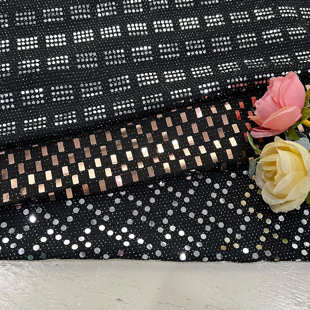 2023 New polyester black lurex metallic foil dot spandex jersey fabric silver sequin metallic lurex knit fabric for party dress