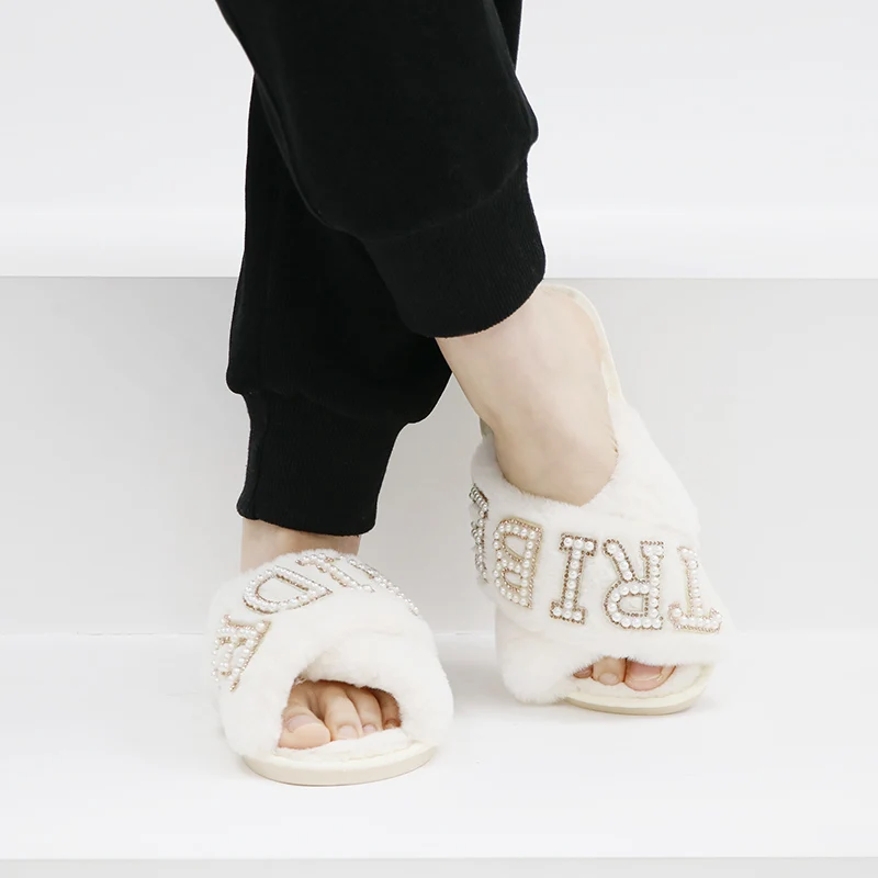 Wholesale OEM Pearl Patch Warm Plush Wedding Slides Rhinestone Bride Cross Band Handmade Slippers For Bride Bridesmaid