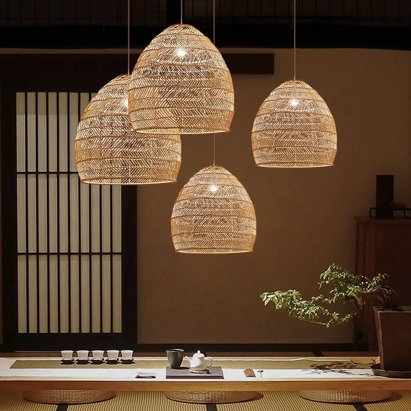 Natural Bamboo Wicker Lampshade Lamp Covers Shades Frames Decoration Living Room Lights Indoor Wooden Chandelier Pendant Lights