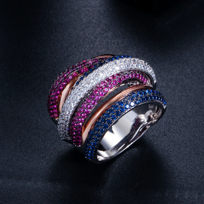 Multi Layer Twisted Circles Colorful Cubic Zirconia Black Gun Plated Chunky Hip Hop Big Ring for Women Engagement Jewelry