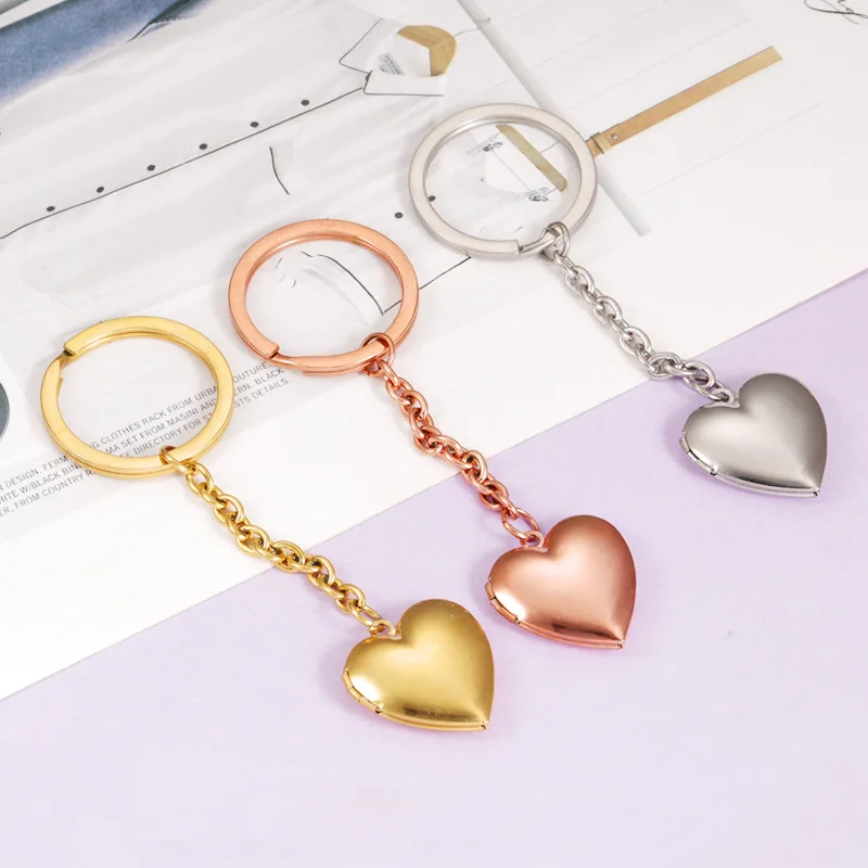 Sland Stainless Steel Memory Friend Heart Shaped Photo Keychain Gold Plated Blank Heart Locket Custom Heart Keychain