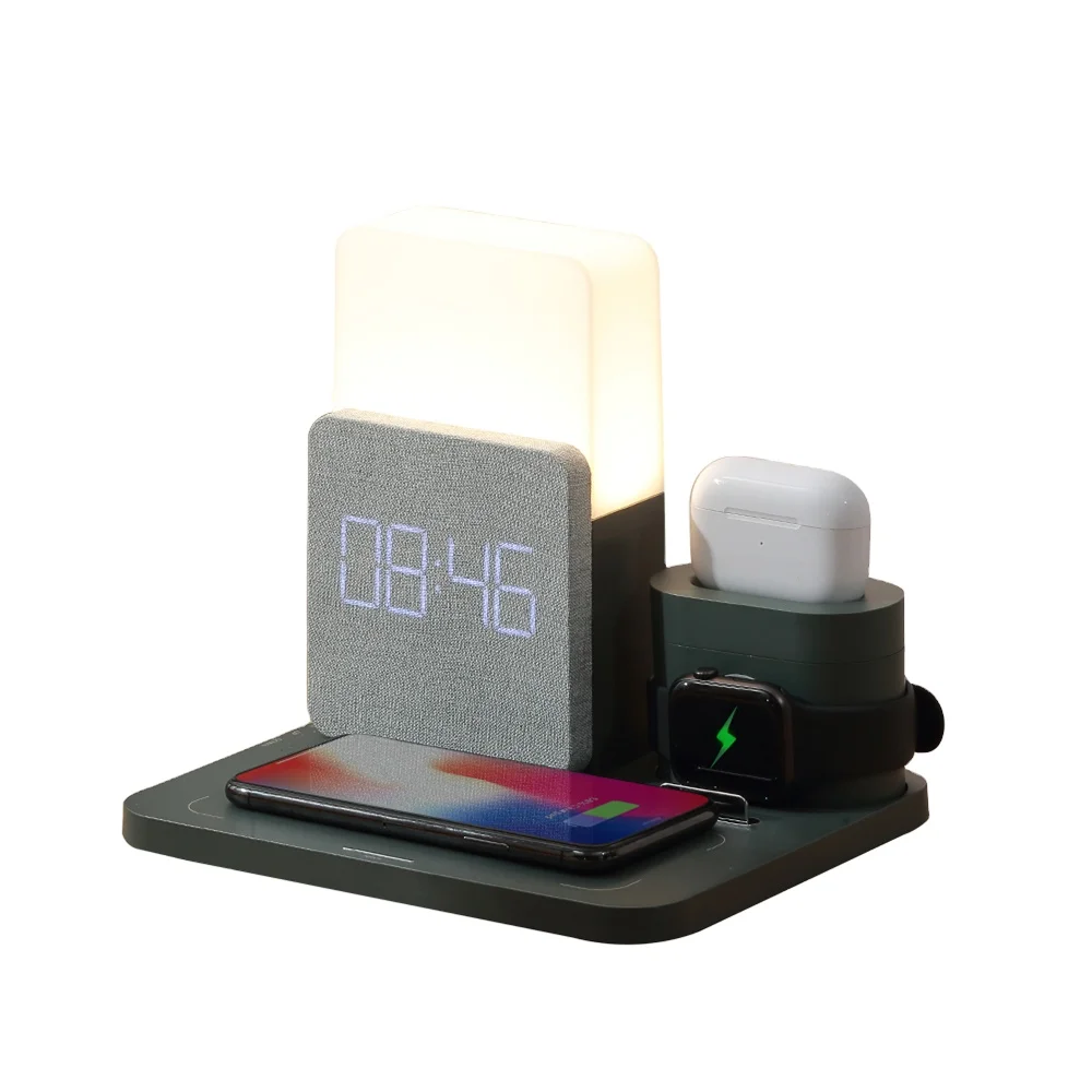 New Multi Function 6 in 1 Mobile Phone Wireless Charger with Alarm Clock LED Calendar Temperature LCD Display