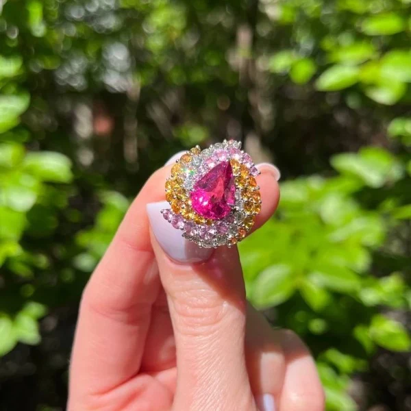 925 Sterling Silver Rings With Luxury Pink Sapphire Water Drop Colorful Zirconia Jewelry Ring Promise Engagement Wedding Ring