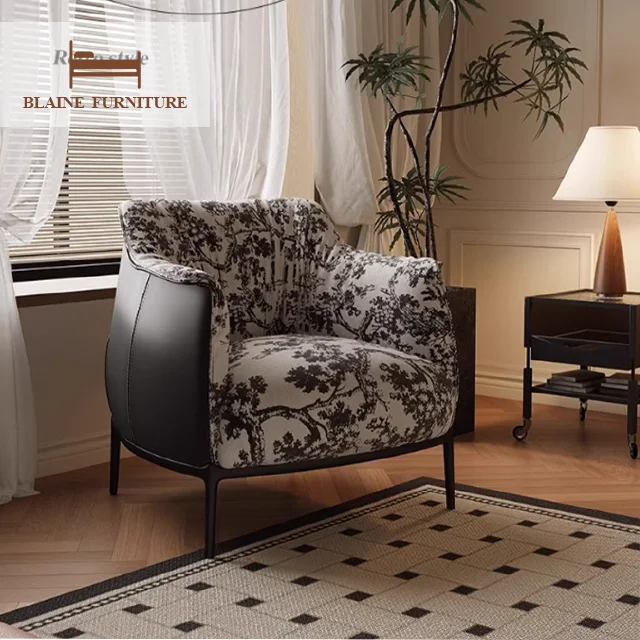Luxury Design Modern Sofa Chair Leisure Living Room Fabric Chair Leisure Relax Single Carbon Steel Base Armchair Furniture