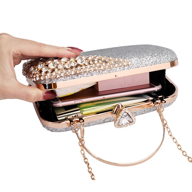 Women Clutch Purse Bag rhinestone Evening Clutch Bags Gold Silver Black Bridal Wedding Purse Mini Handbags with Metal Handle