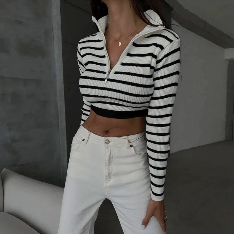 Women Knitted Sweaters Striped Jumper Fall Winter 2023 Long Sleeve Pullover Casual Half Zipper Turn Down Collar Knit Streetwear