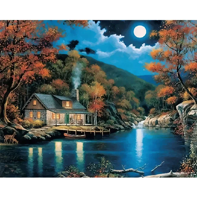 Oil Paint By Numbers On Canvas Night Landscape Natural Scenery With Frame For Adult And Kids, Painting By Numbers For Wholesale