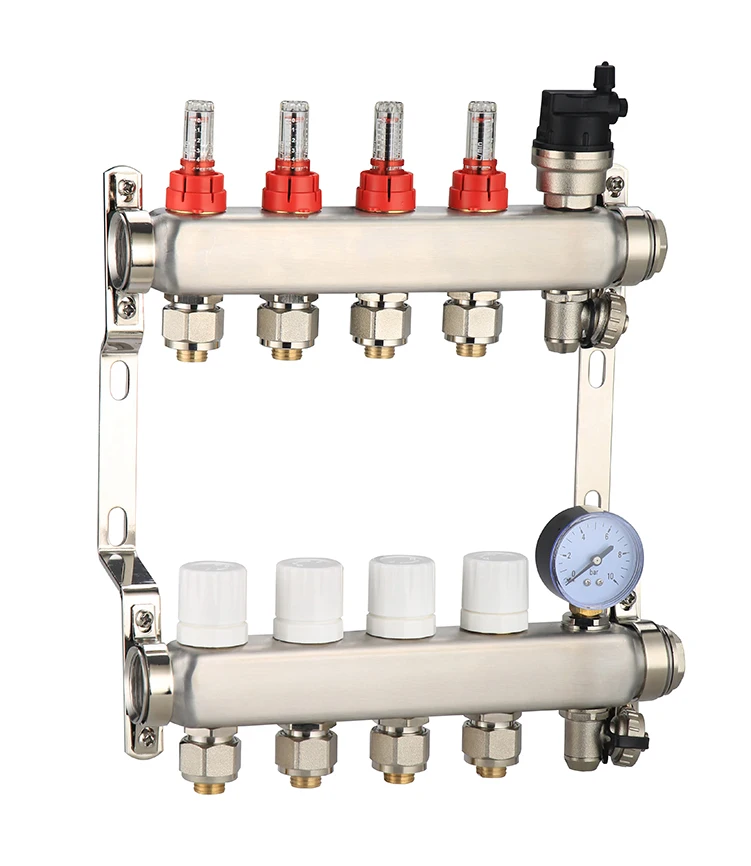 4 ways Stainless Steel Manifold with Air Vent Valve Flow meter floor heating system manifold