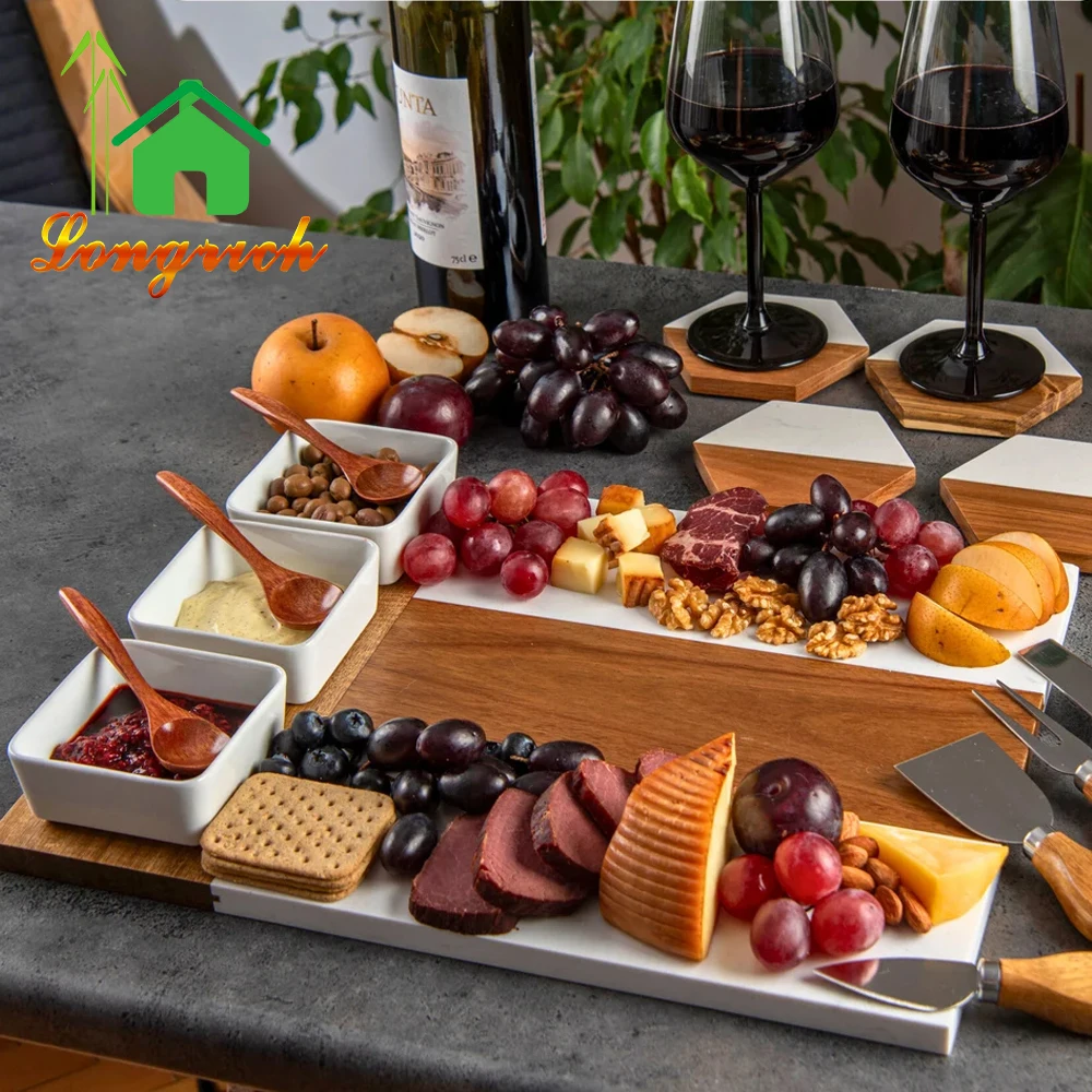 Custom Wooden And Marble Cheese Board Acacia Charcuterie Board With Cheese Knife Spork Set And Ceramic Bowl