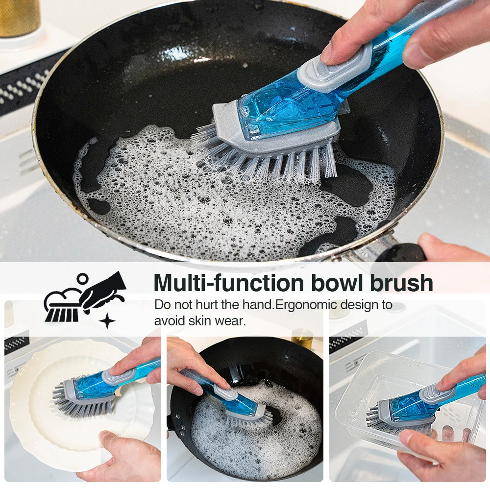 Masthome Replaceable Soap Dispensing Dish Brush Plastic Dishwashing Pot Kitchen Cleaning Scrub Brush