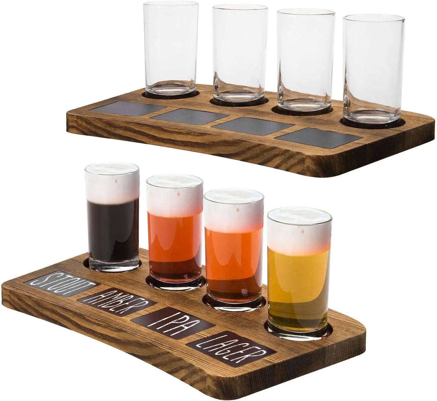 Beer Flight Board Sampler Set with 4 Tasting Beer Glasses, Brown Wood Serving Tray and Chalkboard Labels, Set of 2