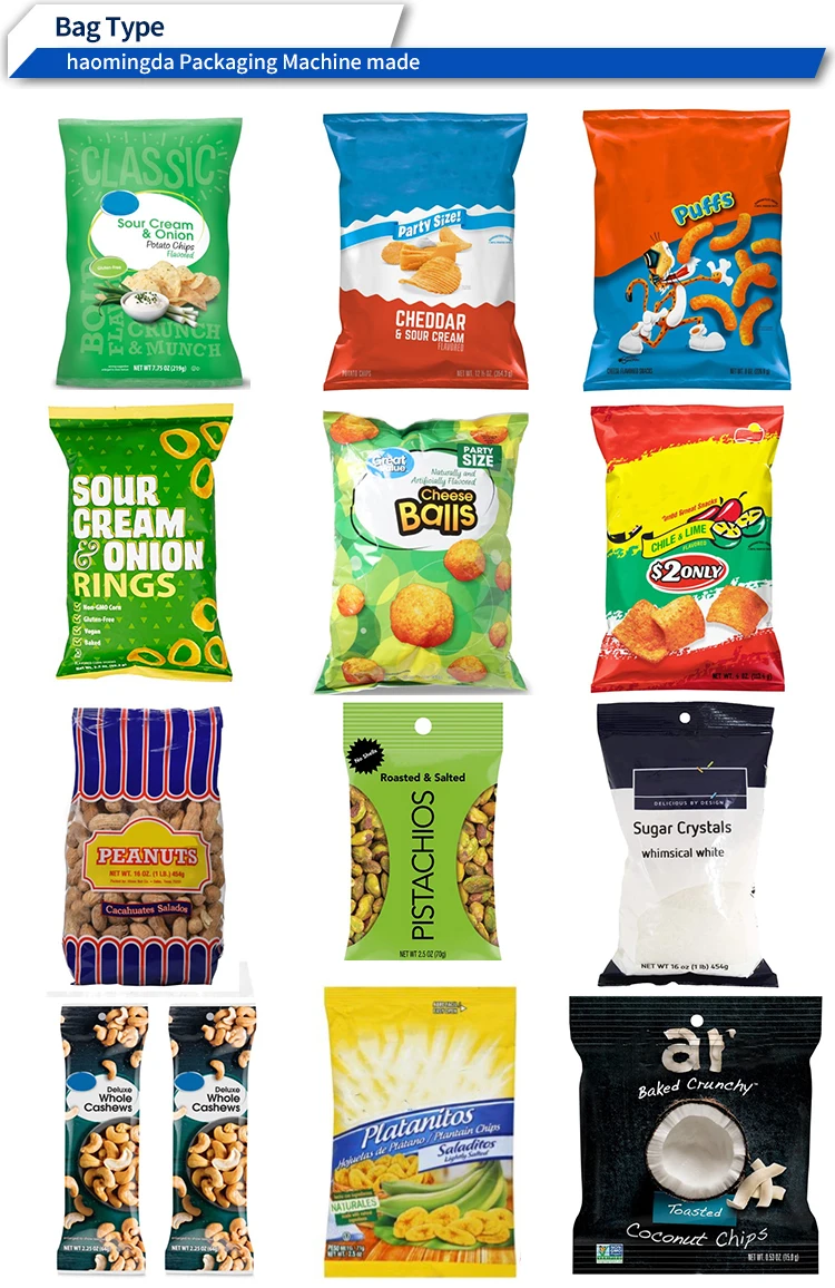 Full automatic puffed corn puffed rice banana chip coconut flakes french fries puffed tube crispy rice packing machine