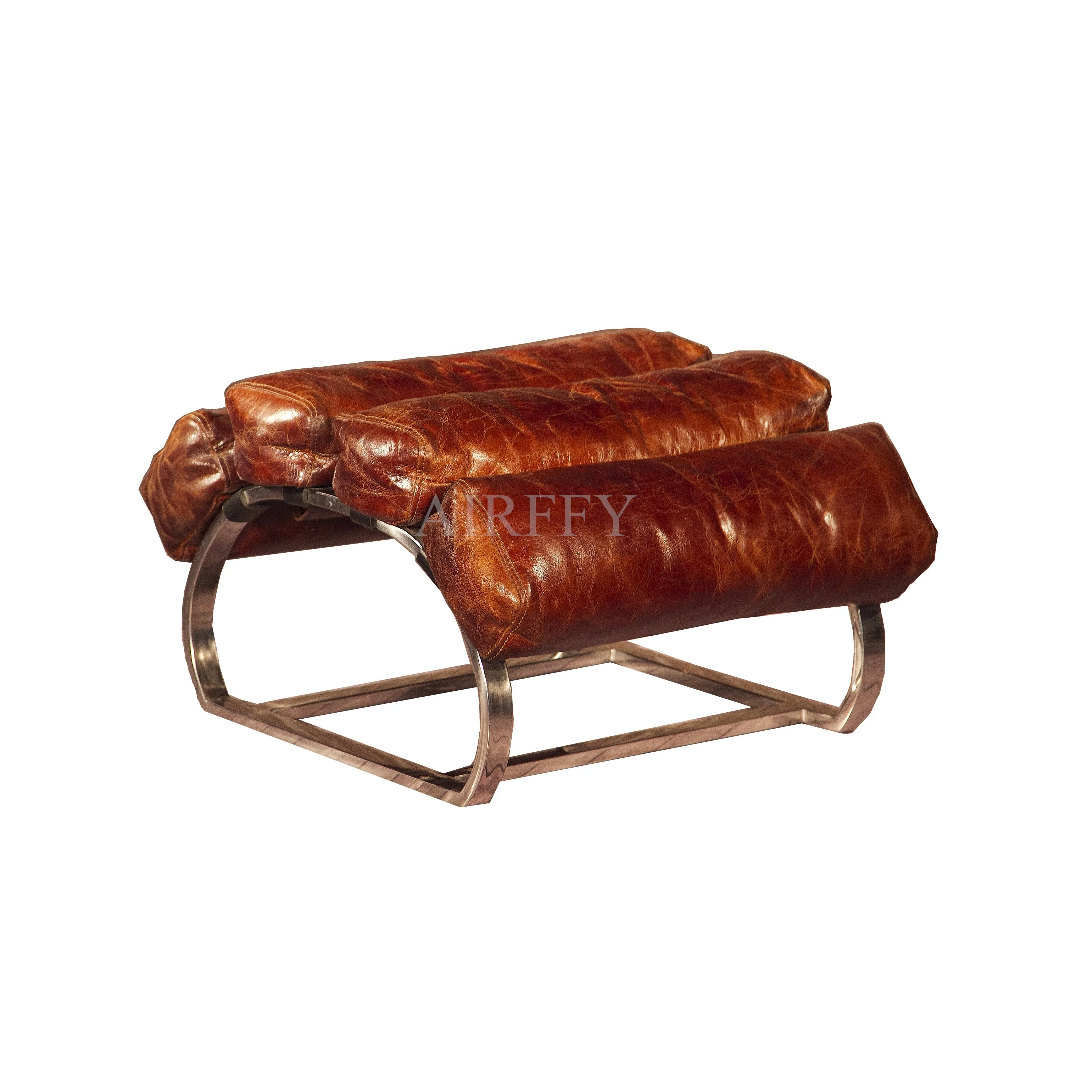 Vintage Style Top Grain Leather Sling Chair with Ottoman for Living room