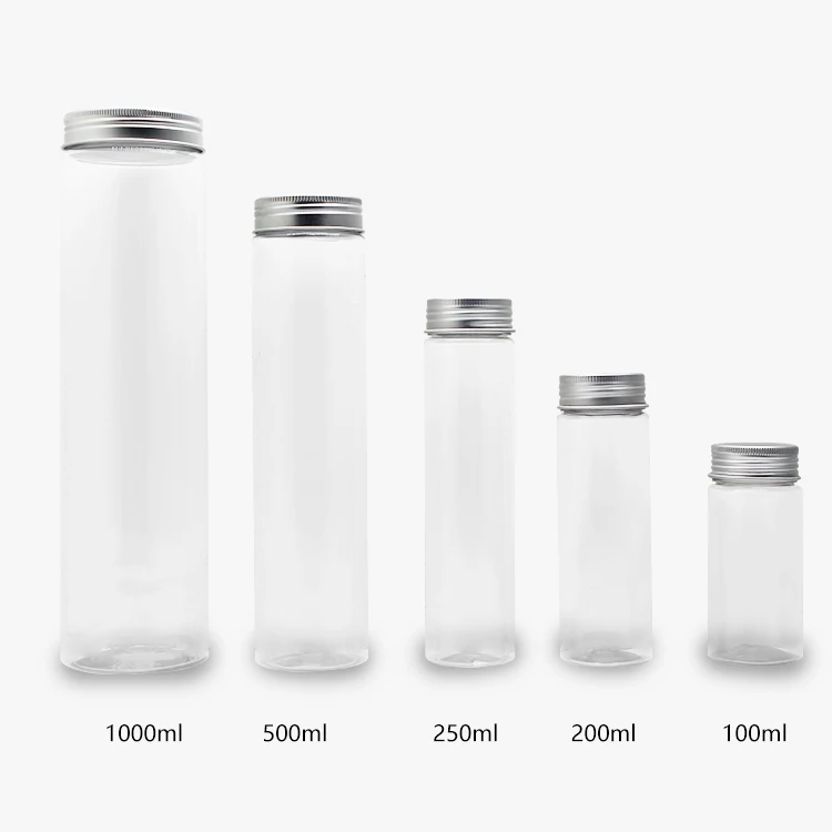 Cylinder Round Wide Mouth 100ml 200ml 250ml 500ml 1 Liter Empty PET Transparent Juice Plastic Bottles With Cap