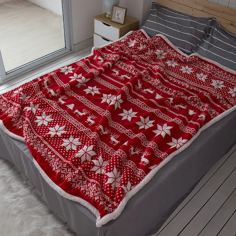 100% Polyester woolen Fleece Christmas Snowflake Reindeer Throw Blanket Christmas Blanket for gifts