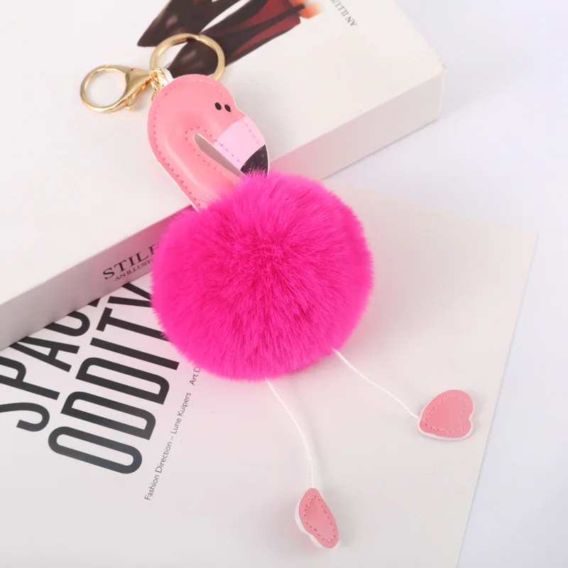 Wholesale Pom ball PU Leather Animal Flamingo Keychain Fur Ball Furry Puff Ball Keychain Hanged Accessory