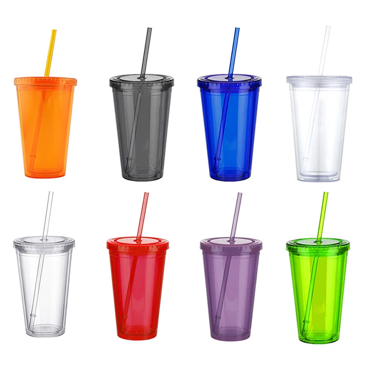 
Eco Friendly Double Wall Tumbler 16oz Plastic Reusable Cups with Lids and Straw 