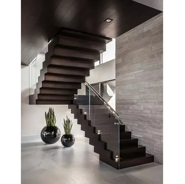 Hot sale carbon steel double beam support straight stairs with timber steps and glass railing
