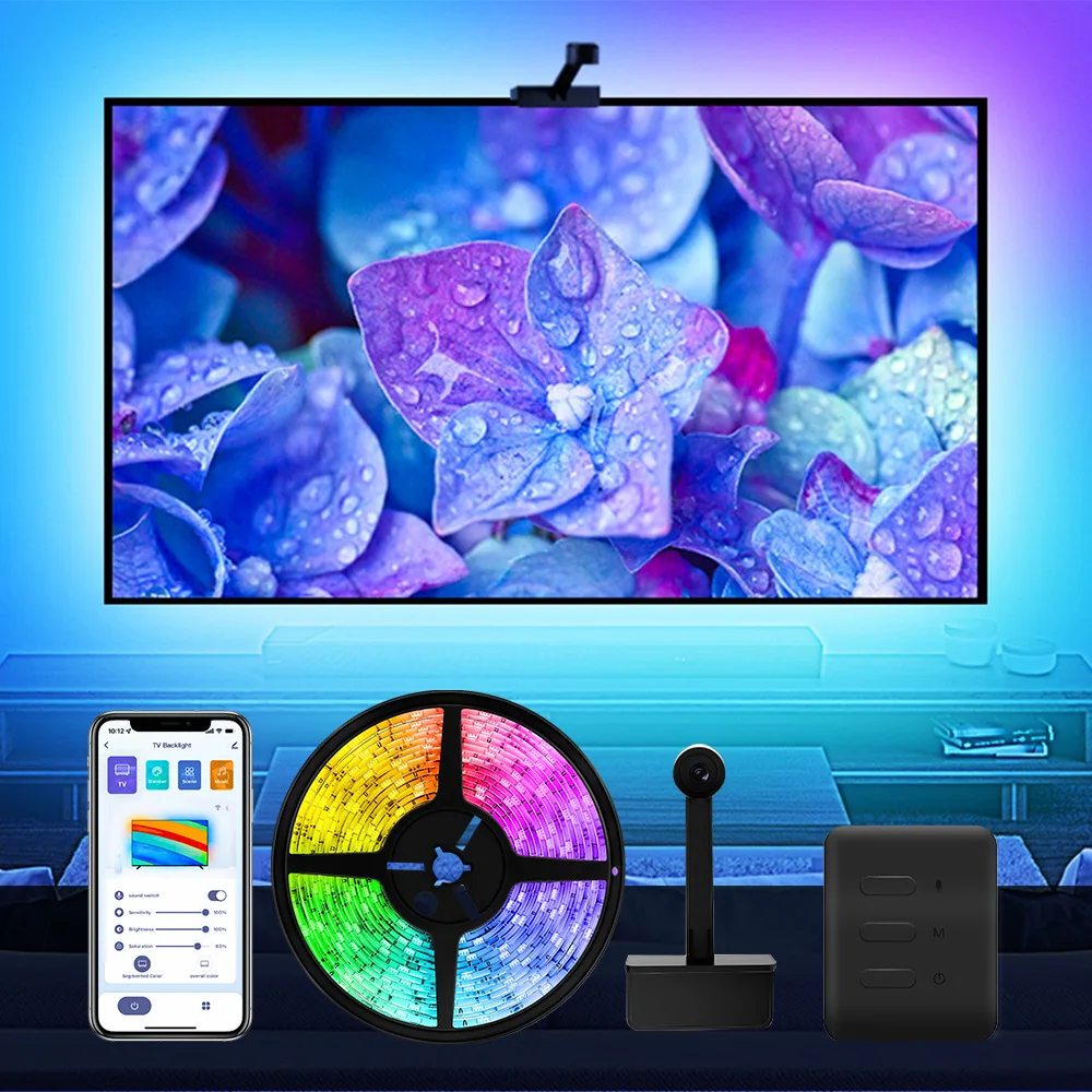 12.5ft 3.8m 12V RGBIC Ambient 55-65 Inches Google Assistant Sync Smart App  Immersion TV LED Backlights with Camera