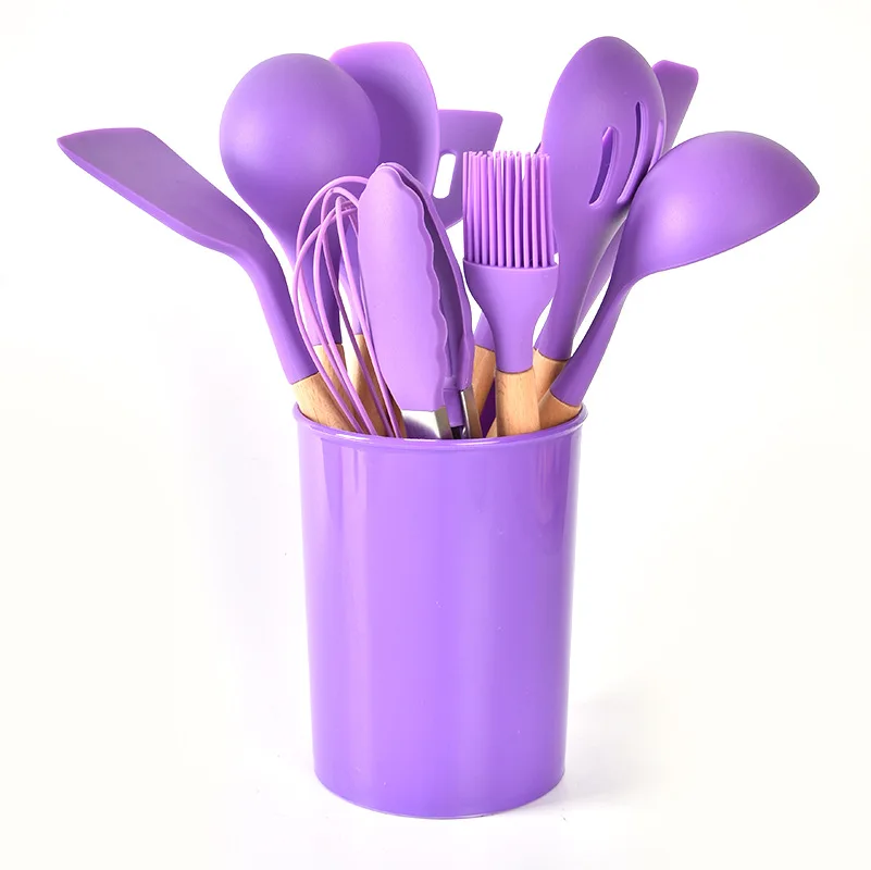 
In stock Nordic wooden handle silicone kitchenware set 12-piece silicone cookware non-stick pan silicone shovel with storage buc 