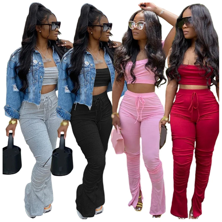 
Hot selling cotton polyester stacked pleated pants and crop tops women sexy clothing two piece set 